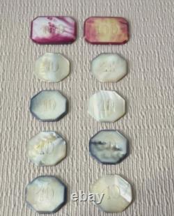 10 Piece Antique Mother of Pearl Poker Gaming Casino Chip Set (Circa 1880-1900s)