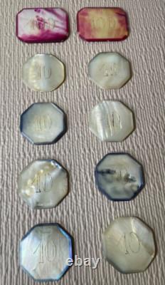 10 Piece Antique Mother of Pearl Poker Gaming Casino Chip Set (Circa 1880-1900s)