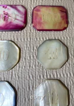 10 Piece Antique Mother of Pearl Poker Gaming Casino Chip Set (Circa 1880-1900s)
