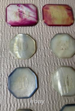 10 Piece Antique Mother of Pearl Poker Gaming Casino Chip Set (Circa 1880-1900s)