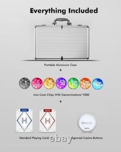 1000-Piece Casino Poker Chip Set with Denominations, 11.5g Weighted Chips, 2