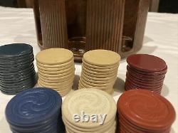 110 Vintage Spiral And Plain Clay Poker Chip Set And Brown Swirl Caddy Bakelite