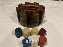110 Vintage Spiral And Plain Clay Poker Chip Set And Brown Swirl Caddy Bakelite