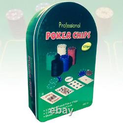 120pc Professional Dual Toned Poker Chips Set Game 2 Decks Playing Cards Tin Box