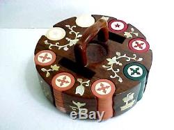 176 Antique CLAY POKER CHIPS in Mother of Pearl Inlaid Wood Caddy Gorgeous Set