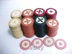 176 Antique CLAY POKER CHIPS in Mother of Pearl Inlaid Wood Caddy Gorgeous Set