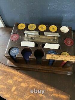 1930s Clay Poker Chip Set Oak Wood Carrying Box Brass Handle WithCard Decks ZODIAC