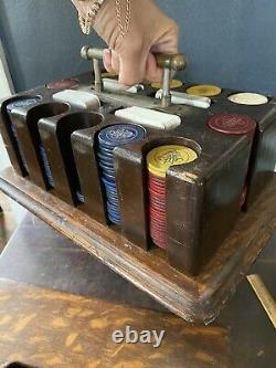 1930s Clay Poker Chip Set Oak Wood Carrying Box Brass Handle WithCard Decks ZODIAC
