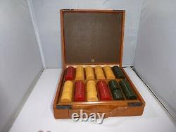 1940's Diminutive Set Of 1 1/8 Inch Bakelite Gaming Chips In Leather Case