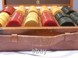 1940's Diminutive Set Of 1 1/8 Inch Bakelite Gaming Chips In Leather Case