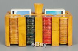 1940s BAKELITE CATALIN POKER CHIP HOLDER SET YELLOW / BROWN SWIRLS