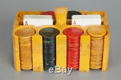 1940s BAKELITE CATALIN POKER CHIP HOLDER SET YELLOW / BROWN SWIRLS