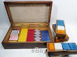 1970s Luxe ITALIAN Poker Set 585 European Plaque Chips Birds Eye Case Midcentury