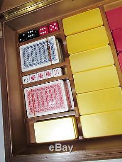 1970s Luxe ITALIAN Poker Set 585 European Plaque Chips Birds Eye Case Midcentury