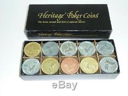 1982 Heritage Poker Chips Set of 100 Eagle Gold Silver Bronze Tone Vintage