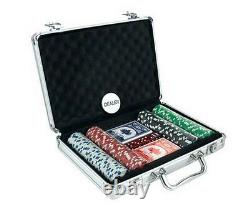 200 PC Poker Set 11.5g Chips 2 Decks 5 Dice Dealer Button Silver Aluminum Case