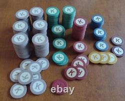 236 Vintage CLAY LETTER K poker Chips 6 Colors + Dealer RARE monogram K