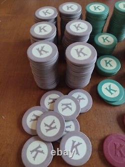 236 Vintage CLAY LETTER K poker Chips 6 Colors + Dealer RARE monogram K