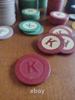 236 Vintage CLAY LETTER K poker Chips 6 Colors + Dealer RARE monogram K