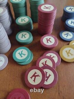 236 Vintage CLAY LETTER K poker Chips 6 Colors + Dealer RARE monogram K