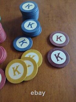 236 Vintage CLAY LETTER K poker Chips 6 Colors + Dealer RARE monogram K