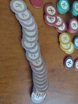 236 Vintage CLAY LETTER K poker Chips 6 Colors + Dealer RARE monogram K