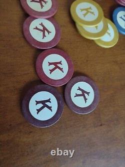 236 Vintage CLAY LETTER K poker Chips 6 Colors + Dealer RARE monogram K