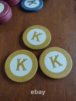 236 Vintage CLAY LETTER K poker Chips 6 Colors + Dealer RARE monogram K