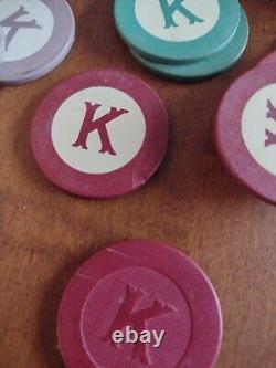 236 Vintage CLAY LETTER K poker Chips 6 Colors + Dealer RARE monogram K