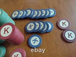 236 Vintage CLAY LETTER K poker Chips 6 Colors + Dealer RARE monogram K