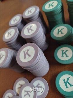 236 Vintage CLAY LETTER K poker Chips 6 Colors + Dealer RARE monogram K