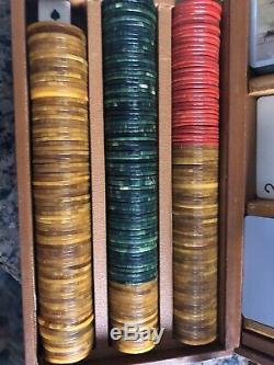 240 Vintage Yellow, Red, Green Swirl Bakelite Poker Chips Set
