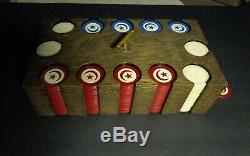 300 Antique or vintage Oak Rack & Box casino inlaid poker chips set w key