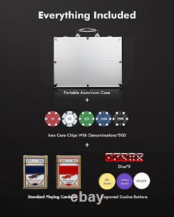 300Pcs Premium Casino Poker Chips Set with Denominations from $1 to $500 in Alum