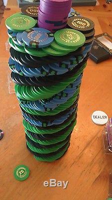 400 REAL CLAY POKER CHIPS BCC BLUE CHIP CO GRAND CARD ROOM SET plus one paulson