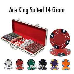 500 Ace King Suited Poker Chips Set Black Aluminum Case Pick Colors