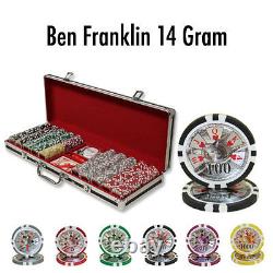500 Ben Franklin 14g Clay Poker Chips Set with Black Aluminum Case Pick Chips