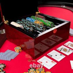 750 Count Glossy Wooden Mahogany Poker Chips Set Storage Case New