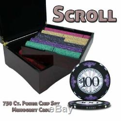 750ct. Scroll Ceramic 10g Poker Chip Set in Hi-Gloss Mahogany Wood Case