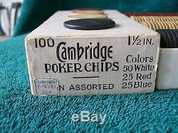 ANTIQUE 1930's SET OF 100 YOUNG WOMAN'S HEAD CLAY POKER CHIPS IN ORIGINAL BOX NR