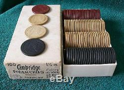 ANTIQUE 1930's SET OF 100 YOUNG WOMAN'S HEAD CLAY POKER CHIPS IN ORIGINAL BOX NR