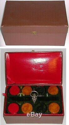 ANTIQUE 200 qty MARBLED CATALIN (Bakelite) POKER CHIP CADDY SET W CASE mid 20th