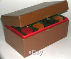 ANTIQUE 200 qty MARBLED CATALIN (Bakelite) POKER CHIP CADDY SET W CASE mid 20th