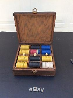 Antique Clay Poker Set With Initials Old Box Brass Knobs Very Very Old Box