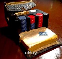 ANTIQUE POKER GAMBLING SET with CLASS A Tax Stamp CLAY CHIPS BONE CARVED DICE