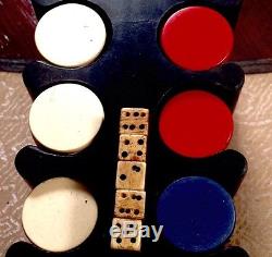 ANTIQUE POKER GAMBLING SET with CLASS A Tax Stamp CLAY CHIPS BONE CARVED DICE
