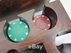 ANTIQUE POKER SET Clay Composite Chips Wood CARRIER BOX HOLDER Vtg