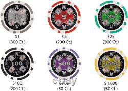 Ace Casino 1000 Clay Composite Poker Chips Set with Display Case & Holders