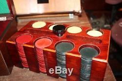 Antique 1-1/2 Bakelite Poker Chips Set Red Yellow Green Wooden Caddy 199 pieces
