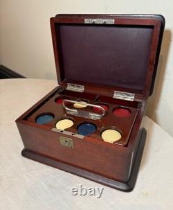 Antique 19th century handmade wood poker box set clay gambling cards chips